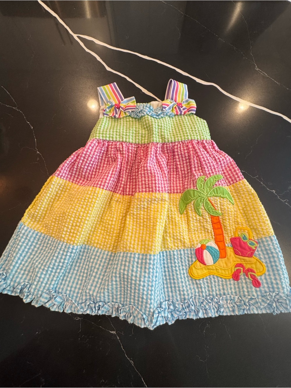 Multicolor Striped‎ Seersucker Dress with Palm Applique
